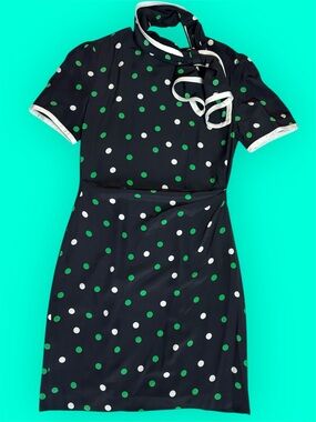Vintage 100% Silk Black Dress with Green White Polka Dots and Scarf sz 8
